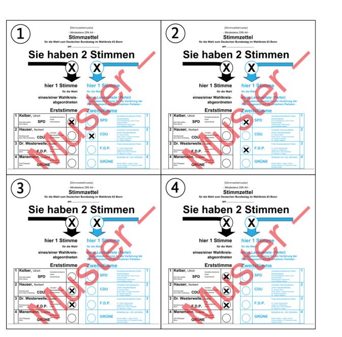 Abbildung zur Frage: Welcher Stimmzettel wäre bei einer Bundestagswahl gültig?