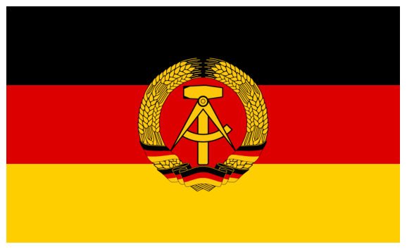 Abbildung zur Frage: Welcher deutsche Staat hatte eine schwarz-rot-goldene Flagge mit Hammer, Zirkel und Ährenkranz?